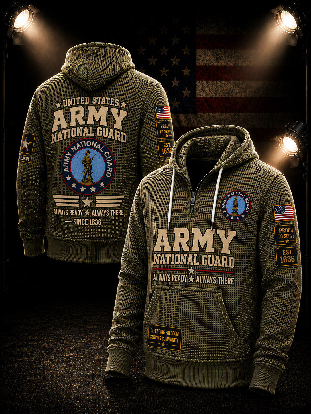 An olive green pullover hoodie shown from both front and back, featuring large 'ARMY NATIONAL GUARD' text, military insignia, American flag patches, and tactical-style graphics. The hoodie is displayed against a dark background with spotlights and a faded American flag graphic.