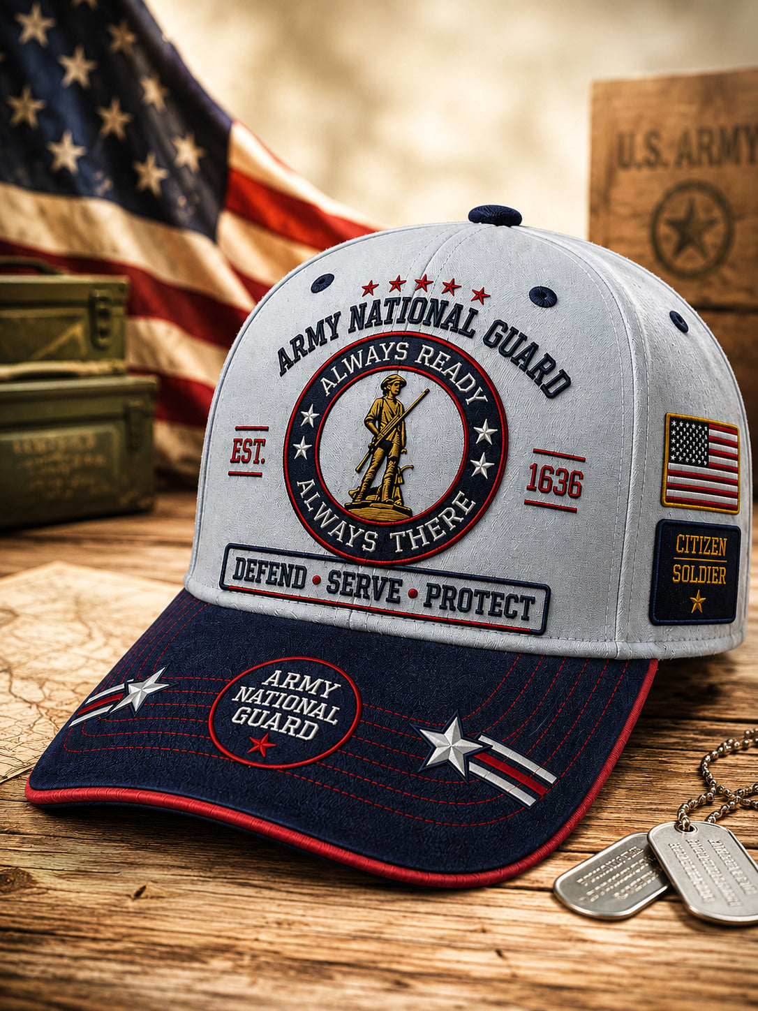 A baseball cap styled on a wooden surface with an American flag, military crates, and dog tags in the background. The cap features a light gray crown with embroidered 'ARMY NATIONAL GUARD' and 'ALWAYS READY ALWAYS THERE' text, a navy blue brim with red and white embroidery, and patriotic patches.
