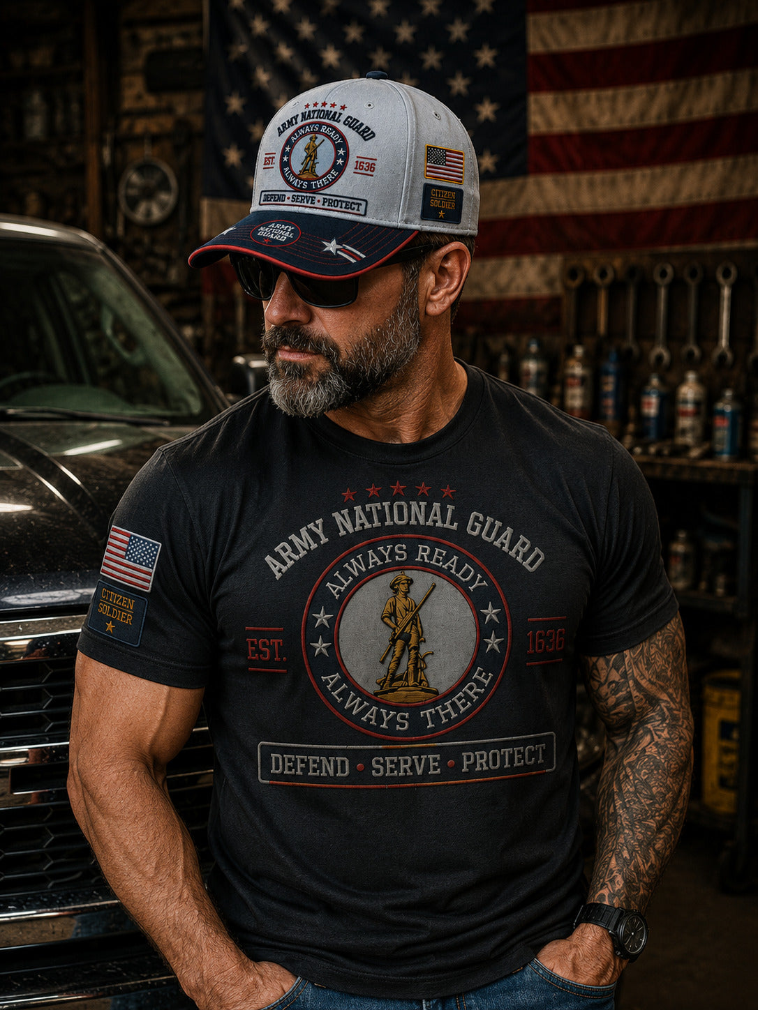 A baseball cap styled on a wooden surface with an American flag, military crates, and dog tags in the background. The cap features a light gray crown with embroidered 'ARMY NATIONAL GUARD' and 'ALWAYS READY ALWAYS THERE' text, a navy blue brim with red and white embroidery, and patriotic patches.