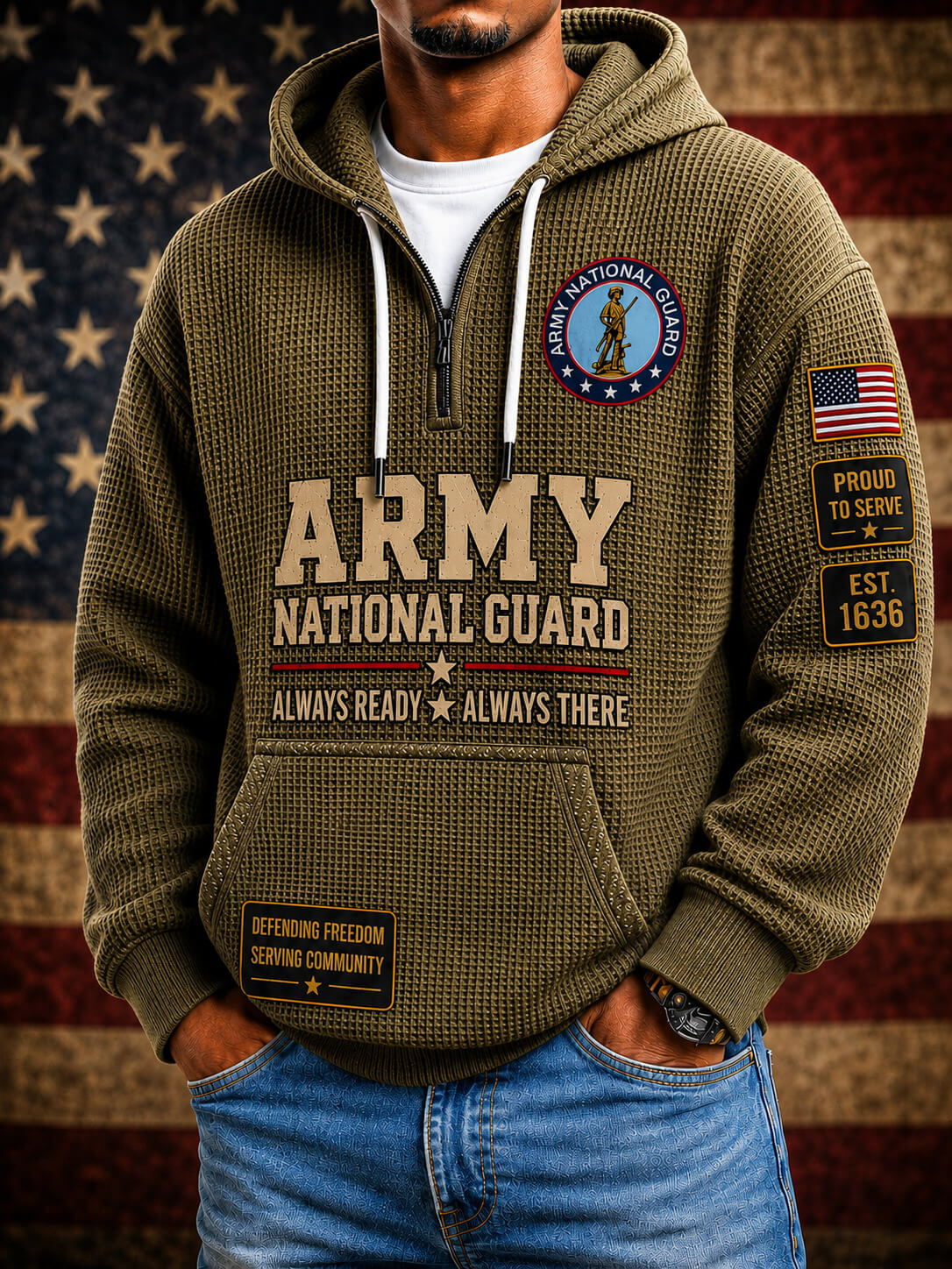 An olive green waffle-knit pullover hoodie with 'ARMY NATIONAL GUARD' printed on the front, worn by a man standing in front of an American flag background.