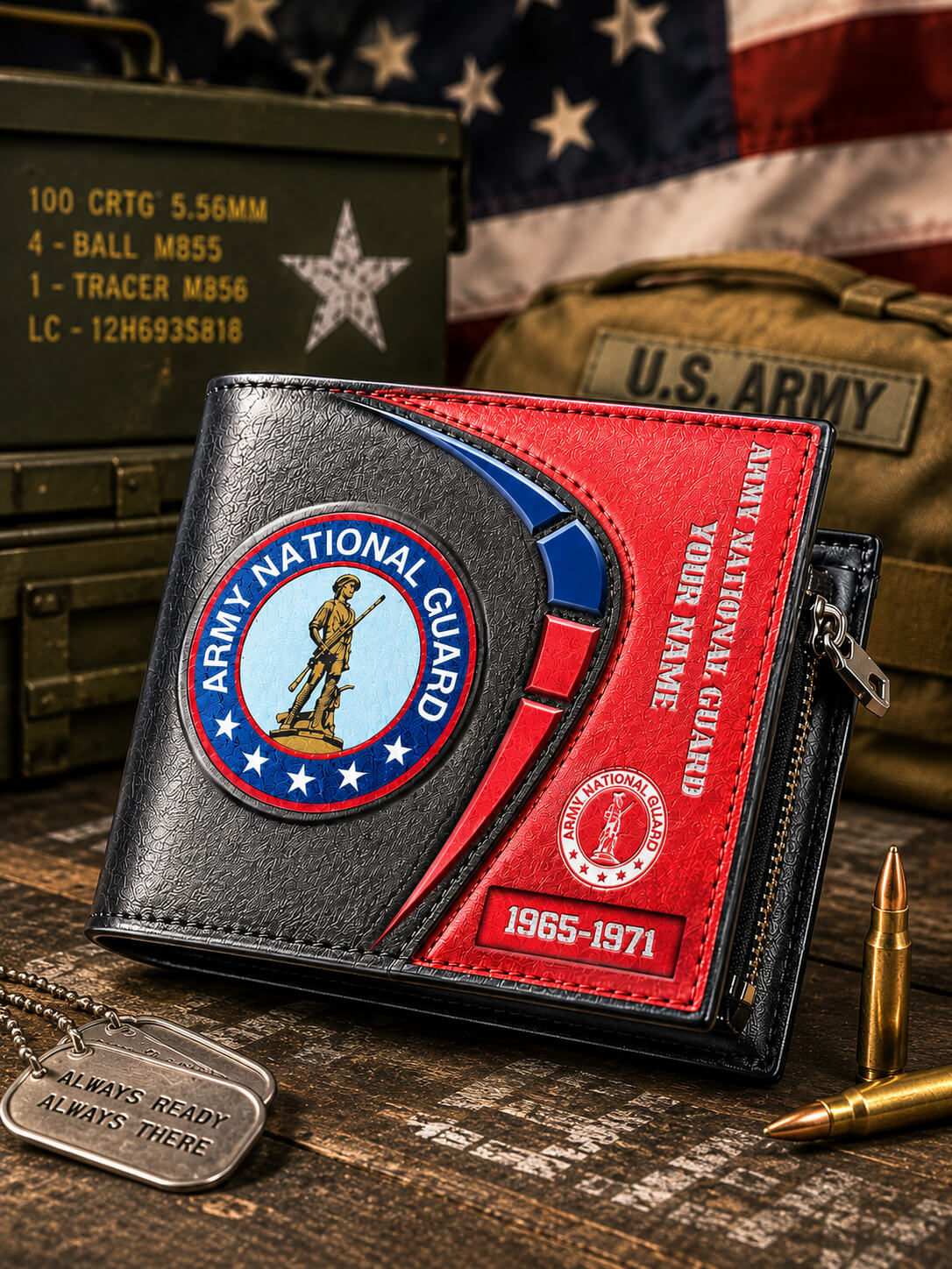 A black and red bifold wallet with Army National Guard patches, displayed on a rustic wooden surface with military-themed props including an American flag, a U.S.