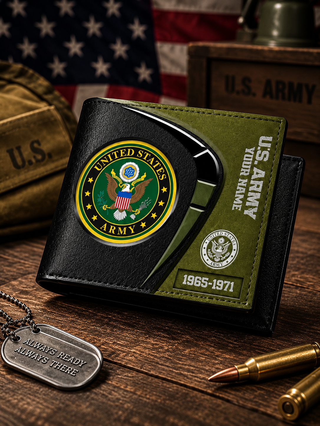 A black and olive green bifold wallet with a U.S.