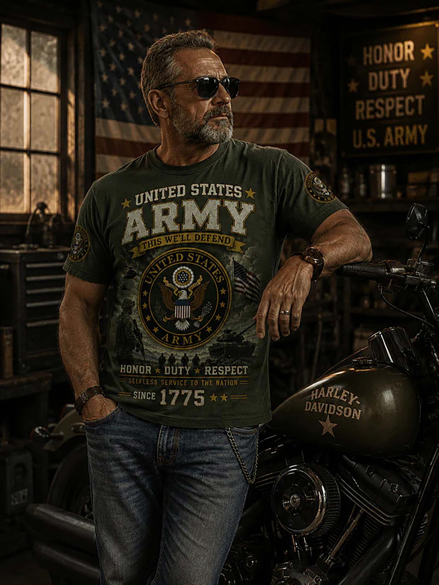 A man wearing a dark green graphic t-shirt with 'United States Army' text and a large crest print, standing in a garage next to a Harley-Davidson motorcycle.