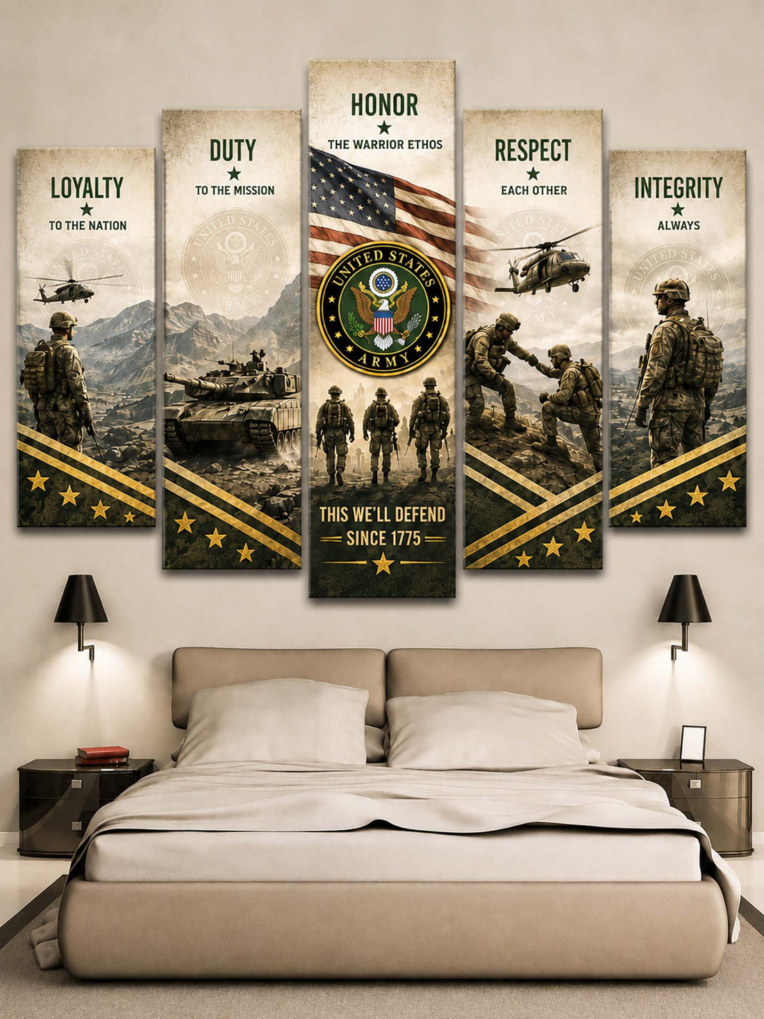 A 5-panel canvas wall art set displayed above a bed in a bedroom. The military-themed print features the words Loyalty, Duty, Honor, Respect, and Integrity, with soldiers, tanks, helicopters, and the United States Army emblem on a beige and black background.
