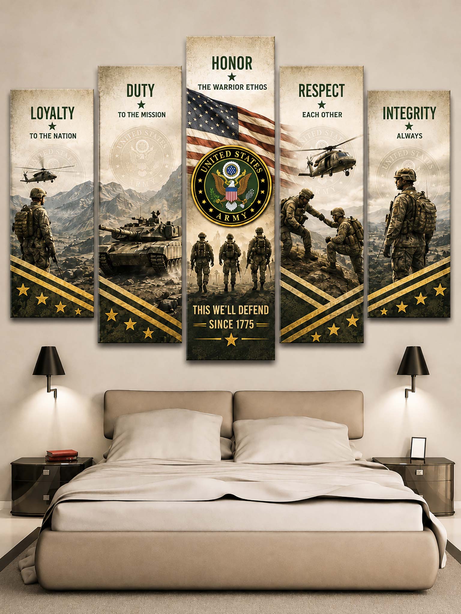 A 5-panel canvas wall art set displayed above a bed in a bedroom. The military-themed print features the words Loyalty, Duty, Honor, Respect, and Integrity, with soldiers, tanks, helicopters, and the United States Army emblem on a beige and black background.
