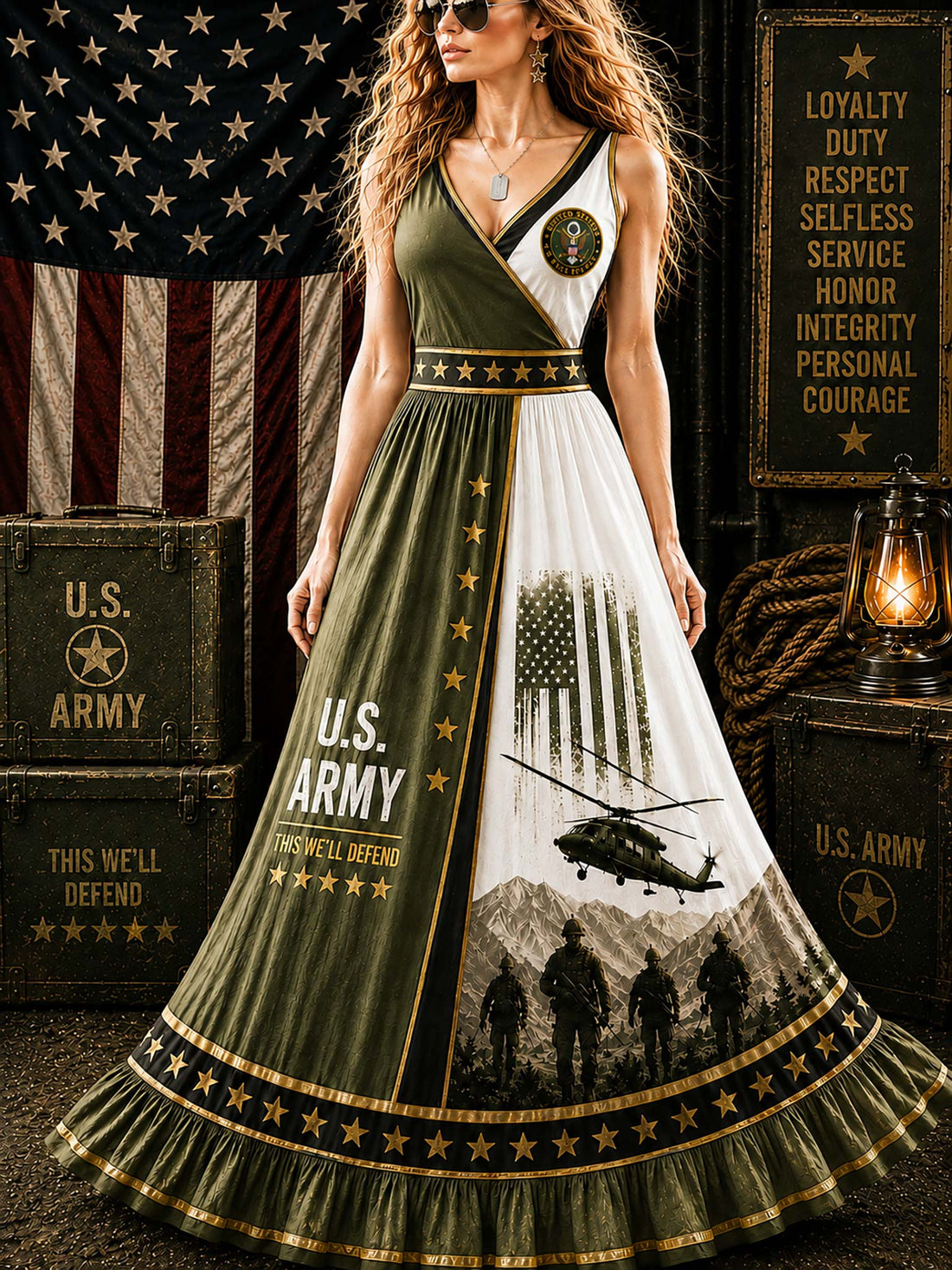 A woman models a sleeveless V-neck maxi dress with a military theme. The dress features olive green and white panels, gold star borders, a U.
