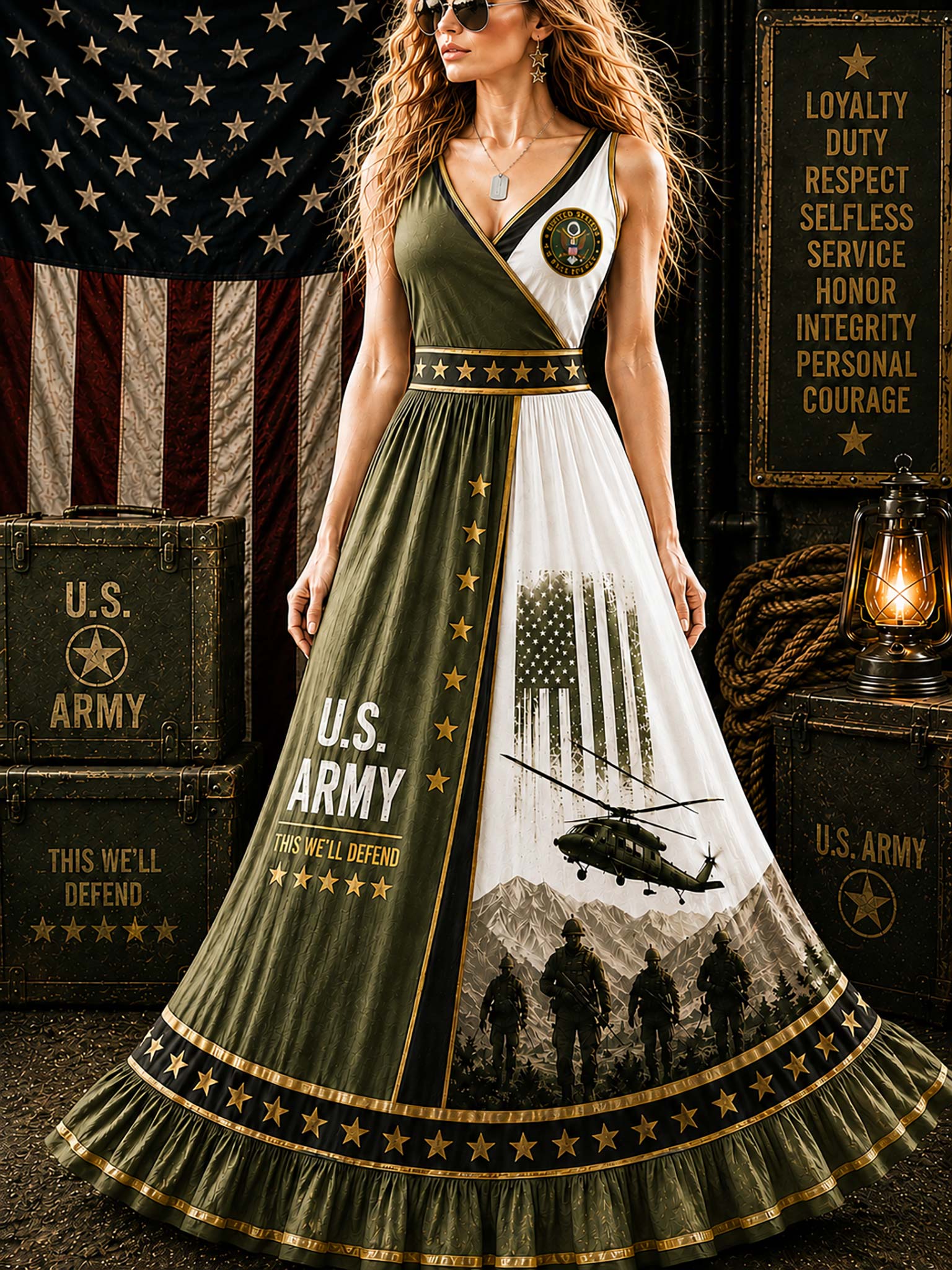 A woman models a sleeveless V-neck maxi dress with a military theme. The dress features olive green and white panels, gold star borders, a U.