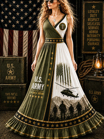A woman models a sleeveless V-neck maxi dress with a military theme. The dress features olive green and white panels, gold star borders, a U.