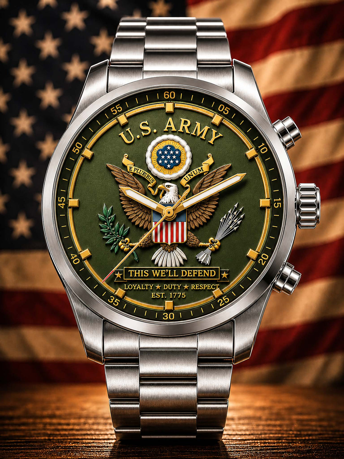 A stainless steel wristwatch with a green dial featuring a detailed U.S.