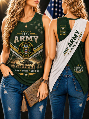 Two women modeling a dark green sleeveless tank top with a U.S.