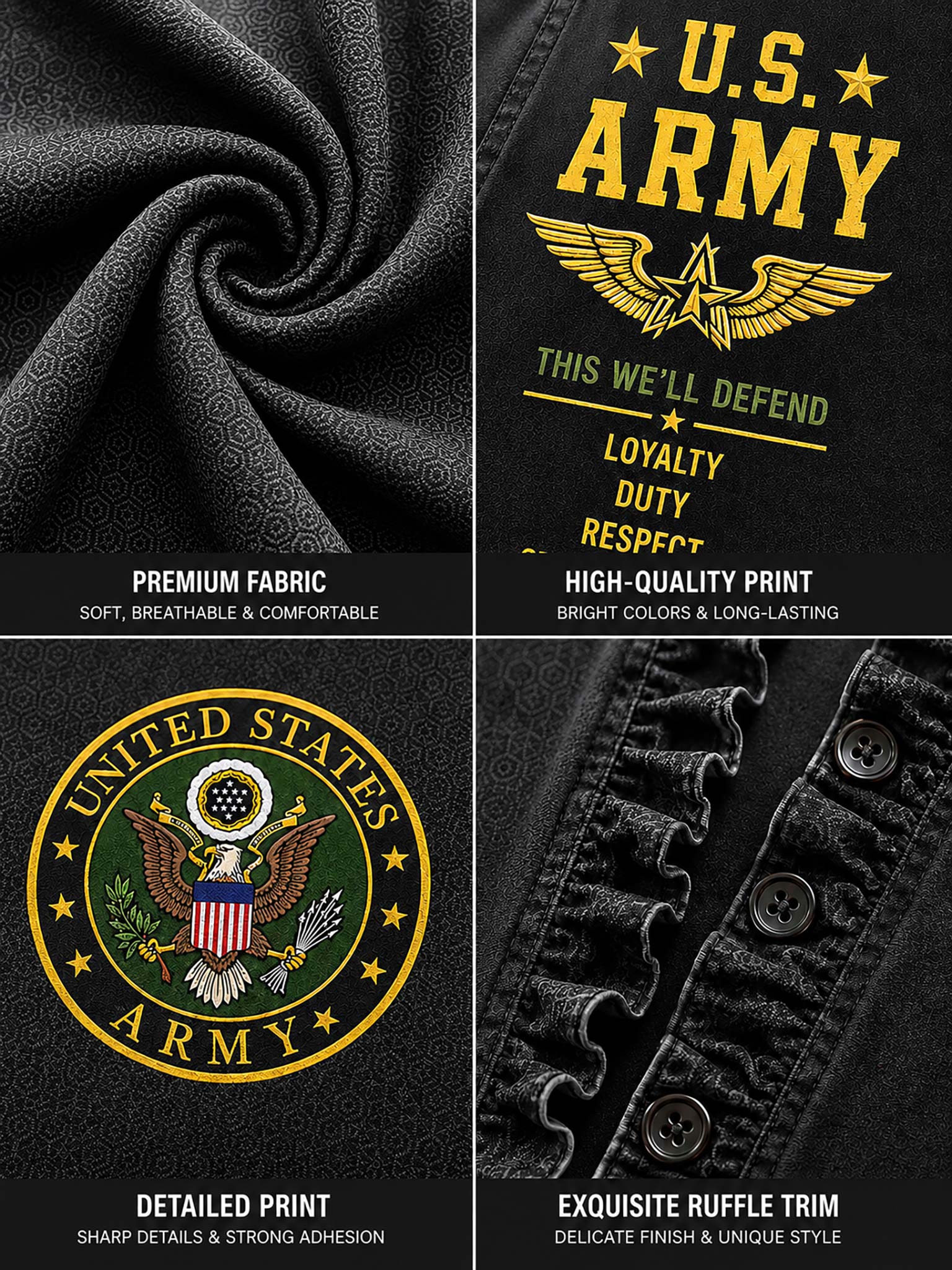 A four-panel product detail graphic for a black U.S.
