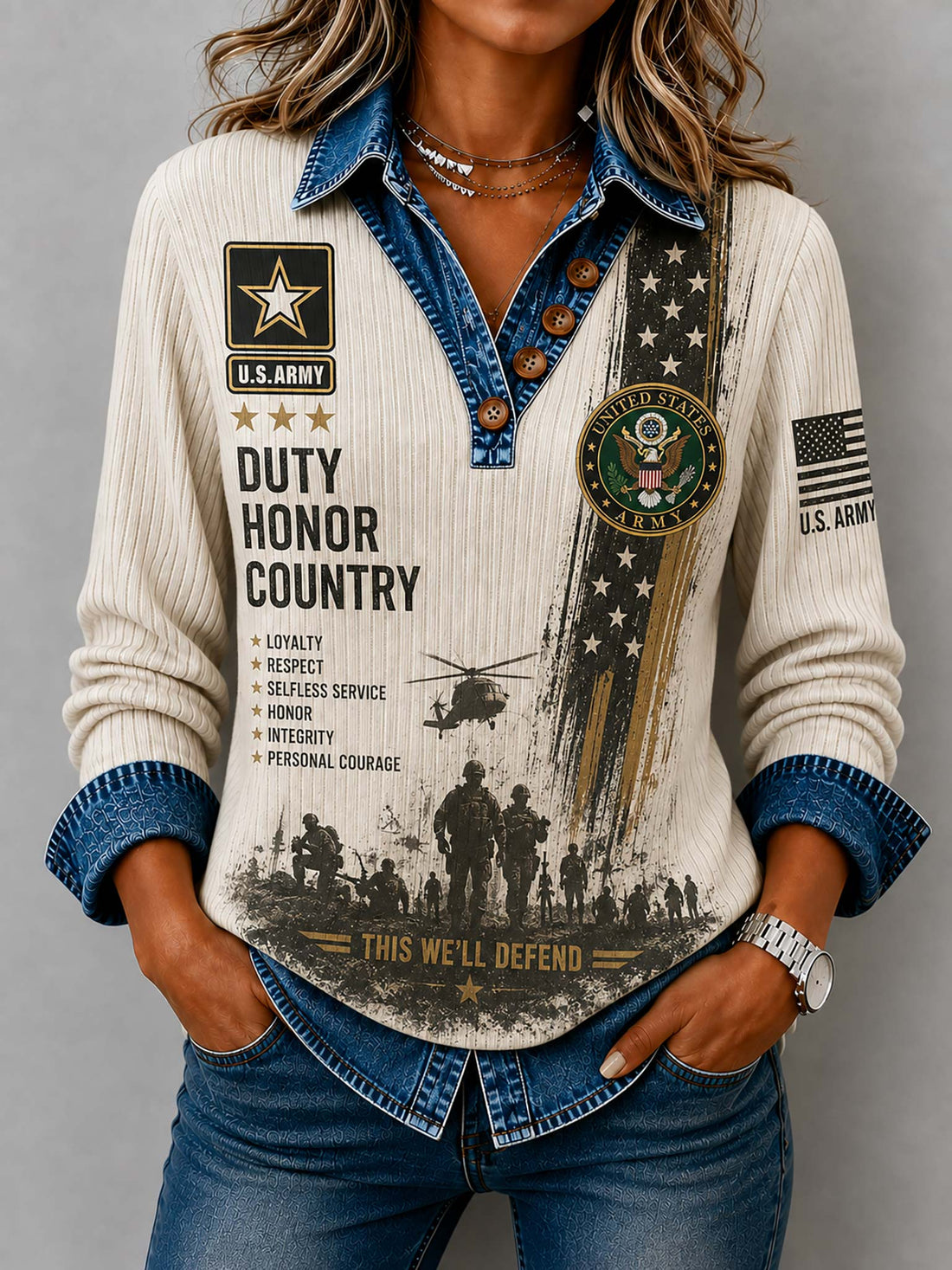 A woman wearing a long-sleeve cream ribbed shirt with a distressed U.S.