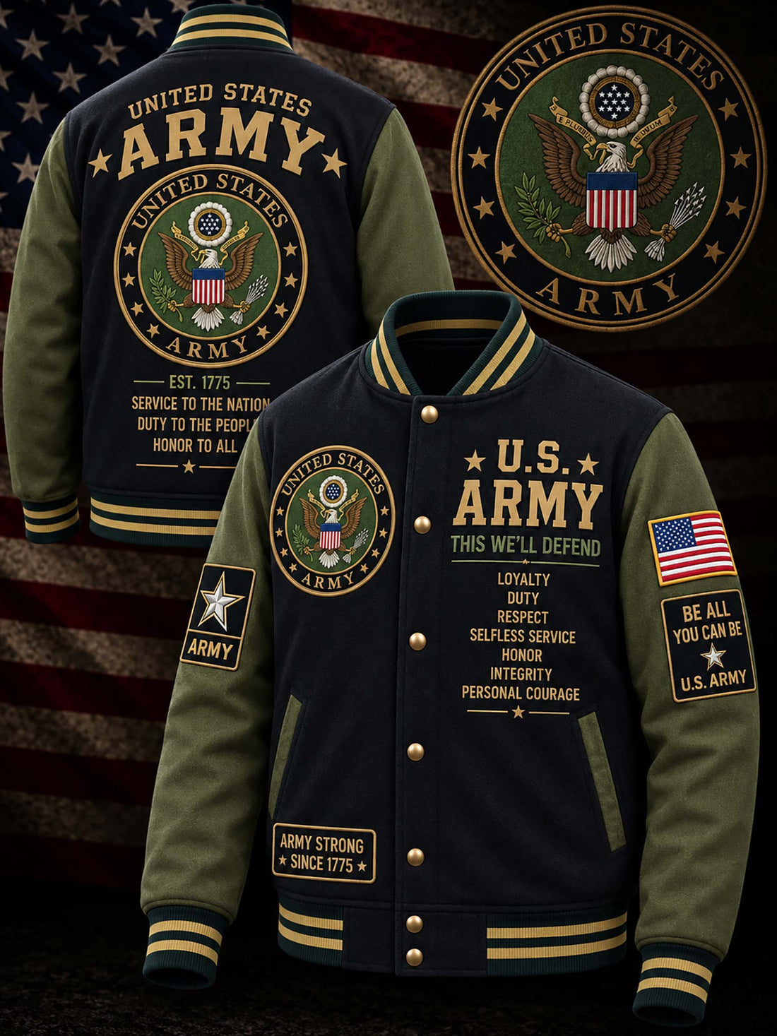 A varsity-style United States Army jacket shown from the front and back, with olive green sleeves and collar, dark navy body panels, gold trim and buttons, and large embroidered Army insignia and text. An American flag patch appears on one sleeve, and the background is a blurred American flag.