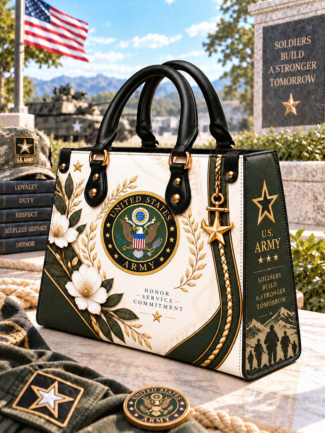 United States Army Heritage Elegance Leather Bag front view with Army crest and floral artwork