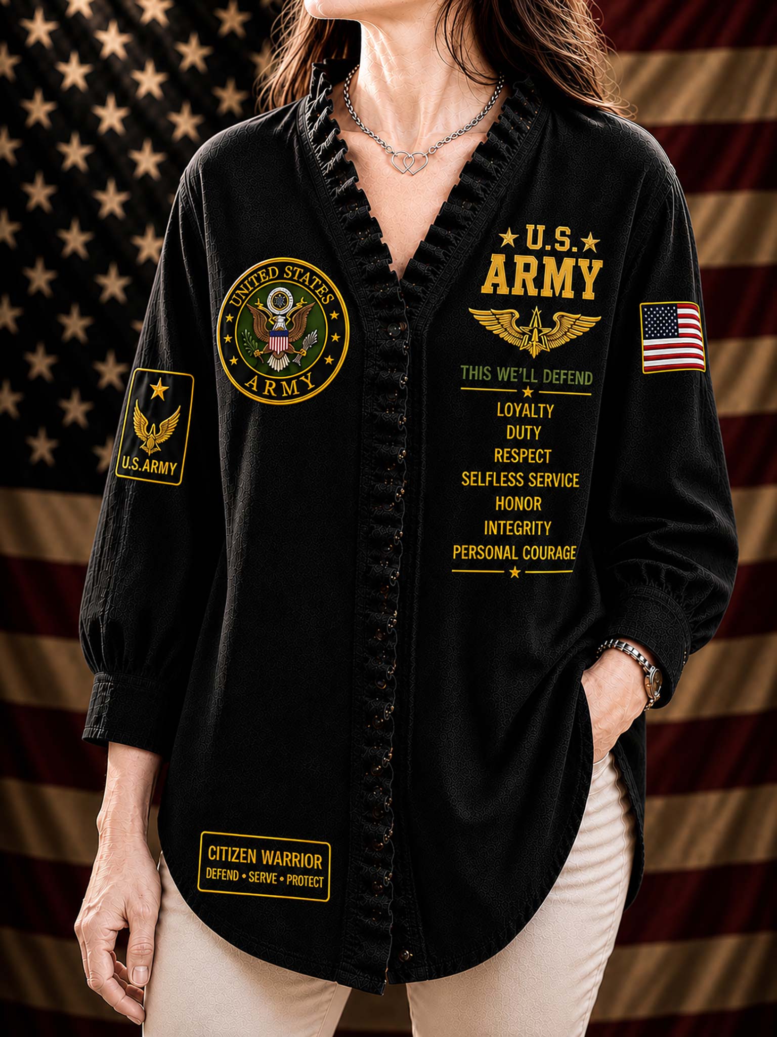 A woman wearing a black long-sleeve button-front shirt with U.S.