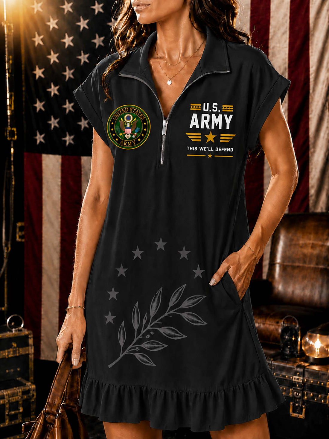 A woman models a white short-sleeve collared dress with a zipper neckline, featuring 'U.S.