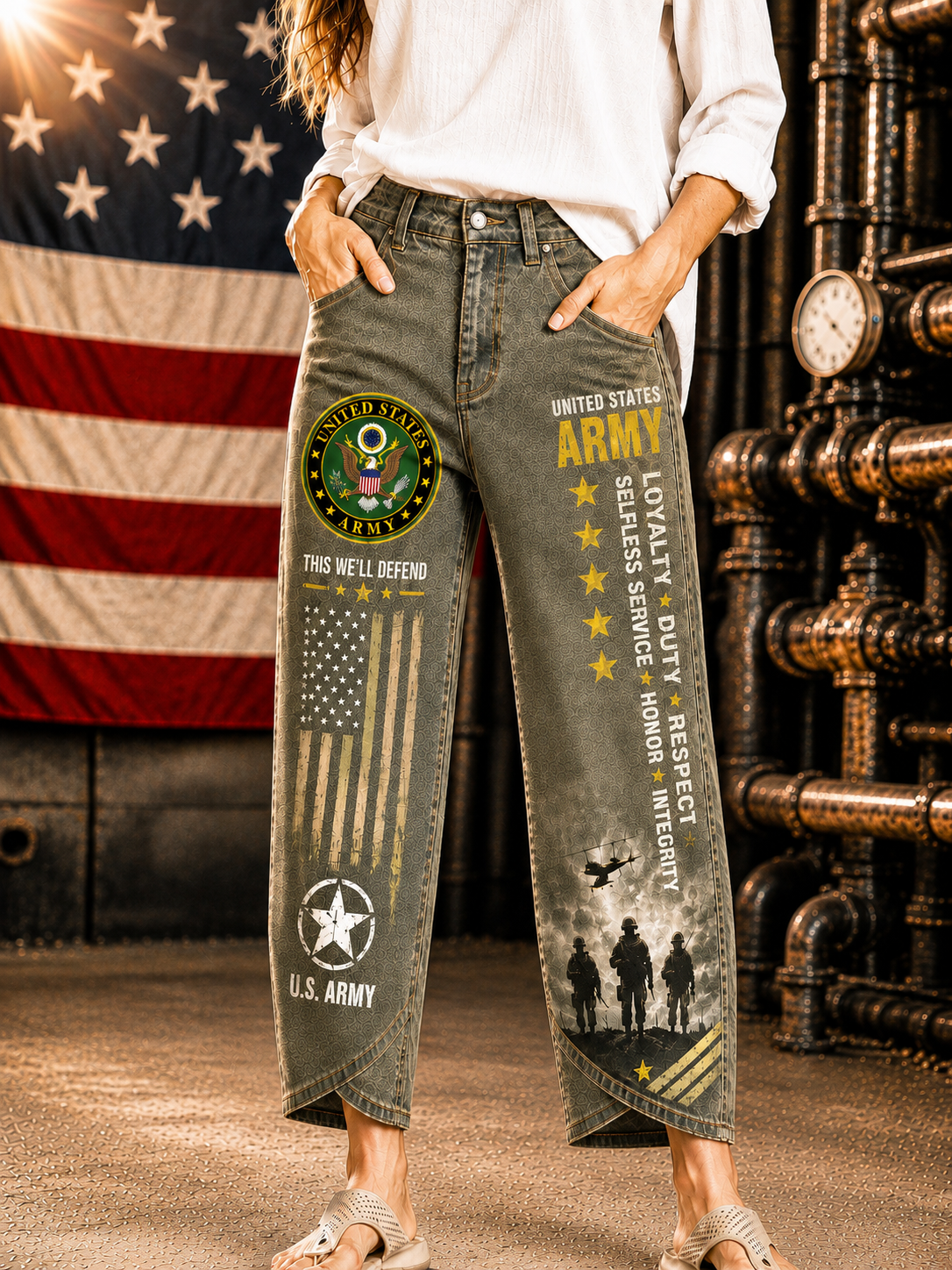 A person wearing distressed gray U.S.