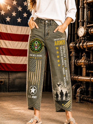 A person wearing distressed gray U.S.