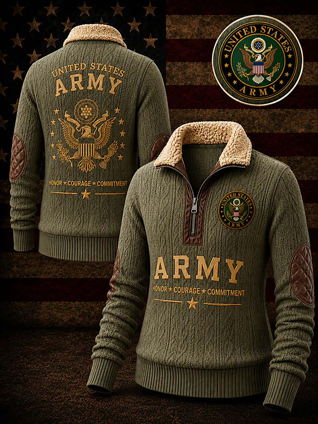 An olive green cable-knit quarter-zip sweater with a beige sherpa collar, shown from both front and back. The front features a gold-colored 'UNITED STATES ARMY' emblem on the left chest, and the back displays a large gold eagle graphic with the same text.