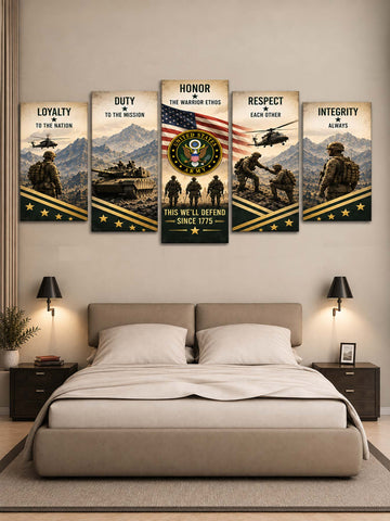 A 5-panel canvas wall art set depicting a military theme with slogans like 'Loyalty to the Nation,' 'Duty to the Mission,' 'Honor the Warrior Stings,' 'Respect Each Other,' and 'Integrity Always.' The panels are shown hanging above a bed in a modern bedroom setting.