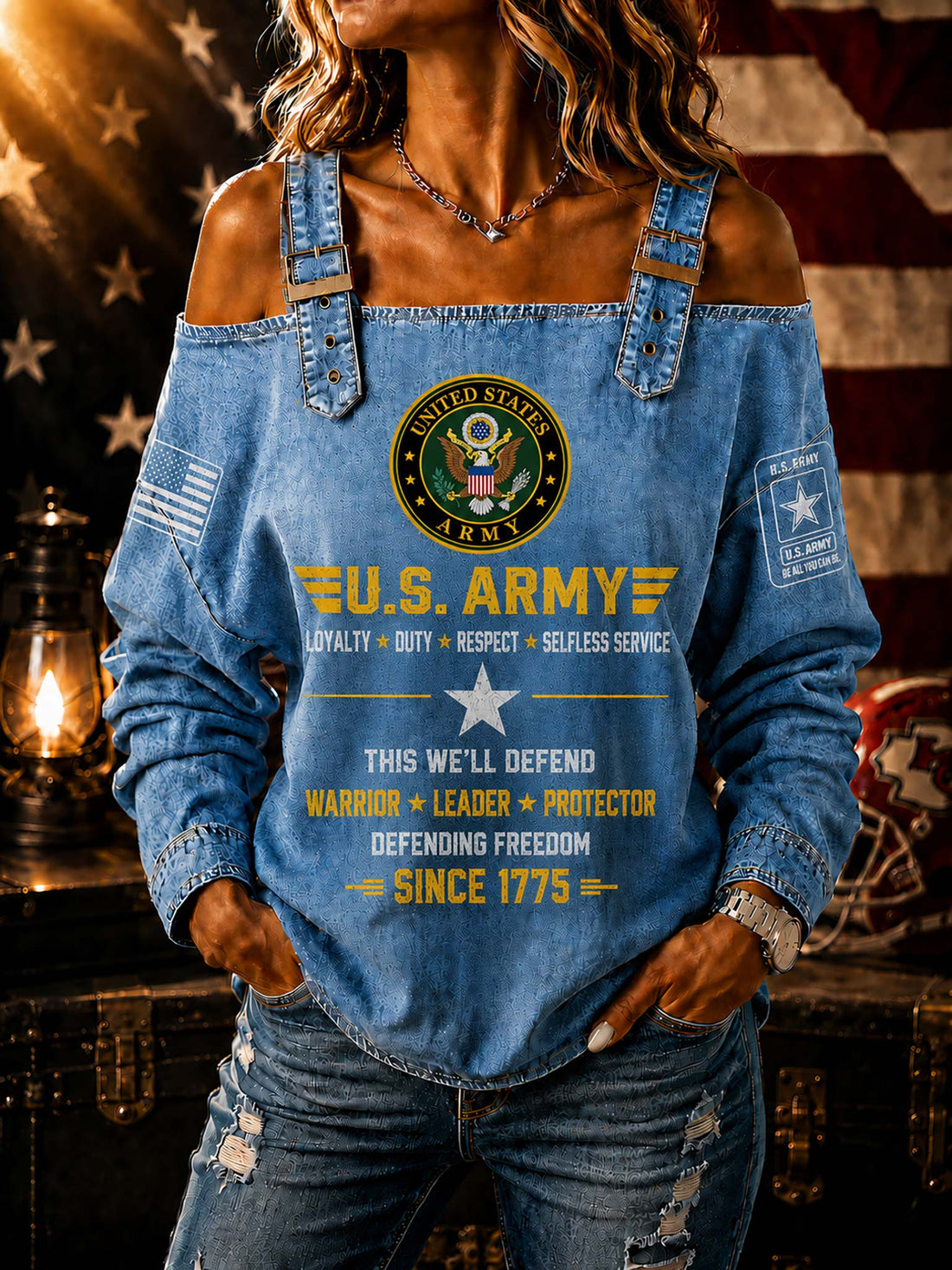 A woman wearing a blue off-the-shoulder denim top with a large U.S.