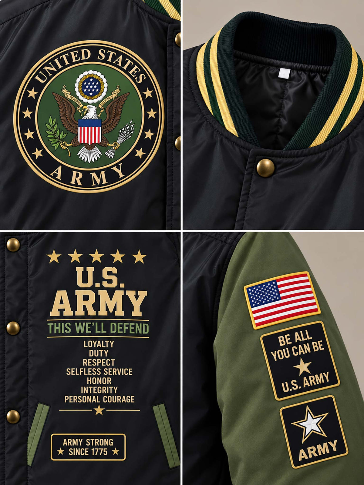 Four-panel close-up of a black and olive green varsity-style jacket with U.S.