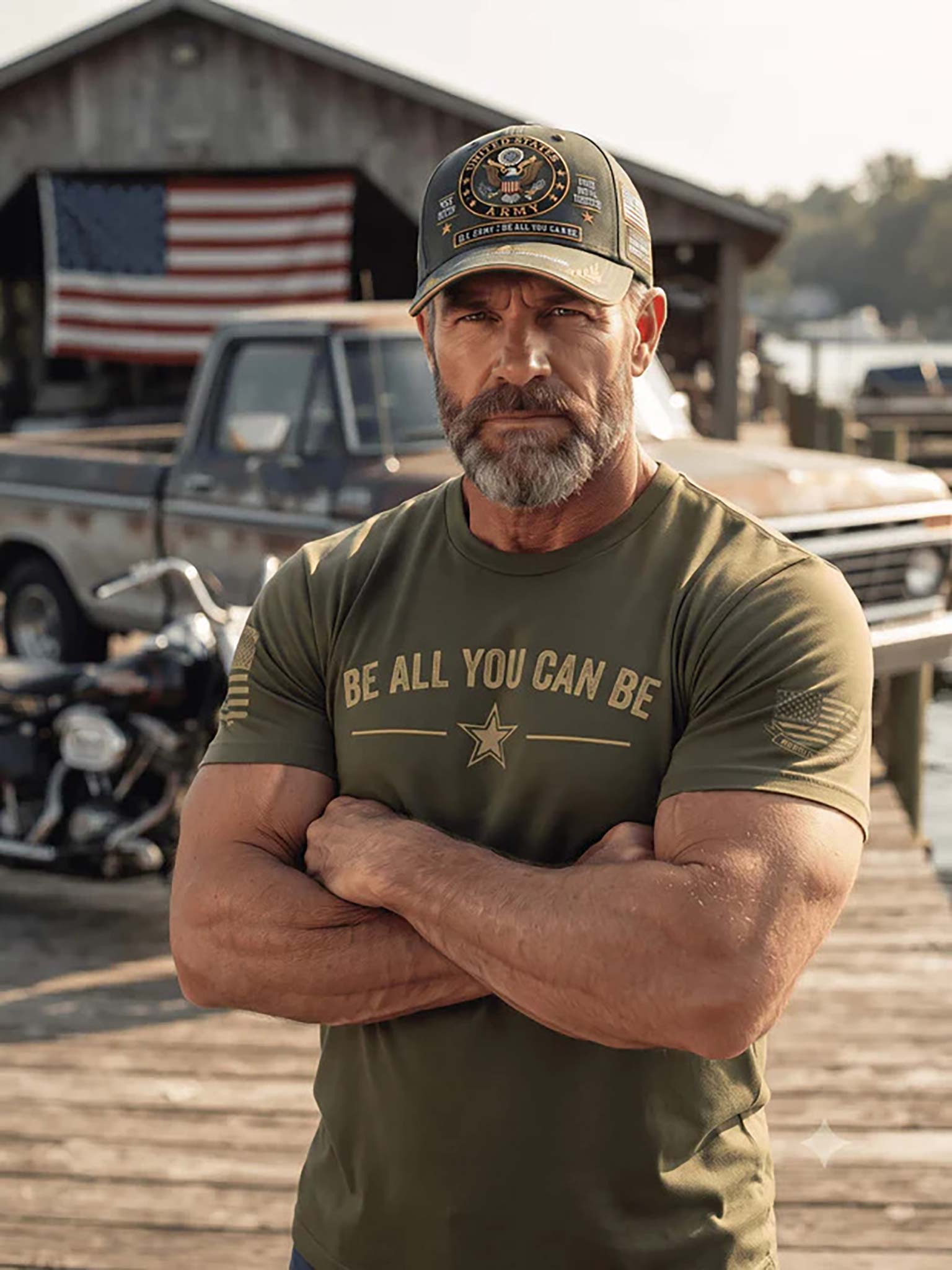 A muscular man with a gray beard and tattoos stands with arms crossed, wearing a navy blue t-shirt with a matching baseball cap. He is posed outdoors in front of a brick wall with an American flag, a motorcycle, and a dark pickup truck.