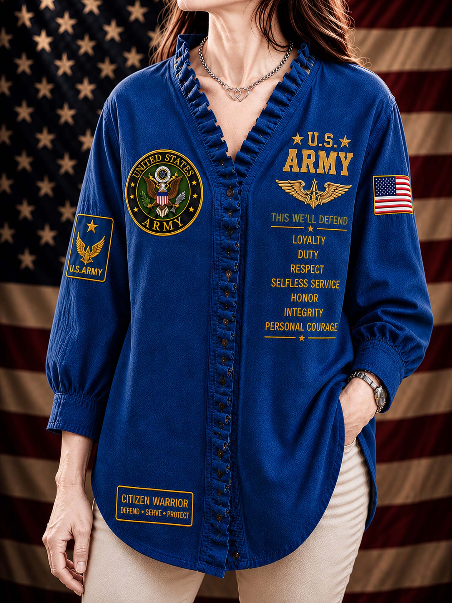 A woman wearing a royal blue long-sleeve button-front shirt with U.S.
