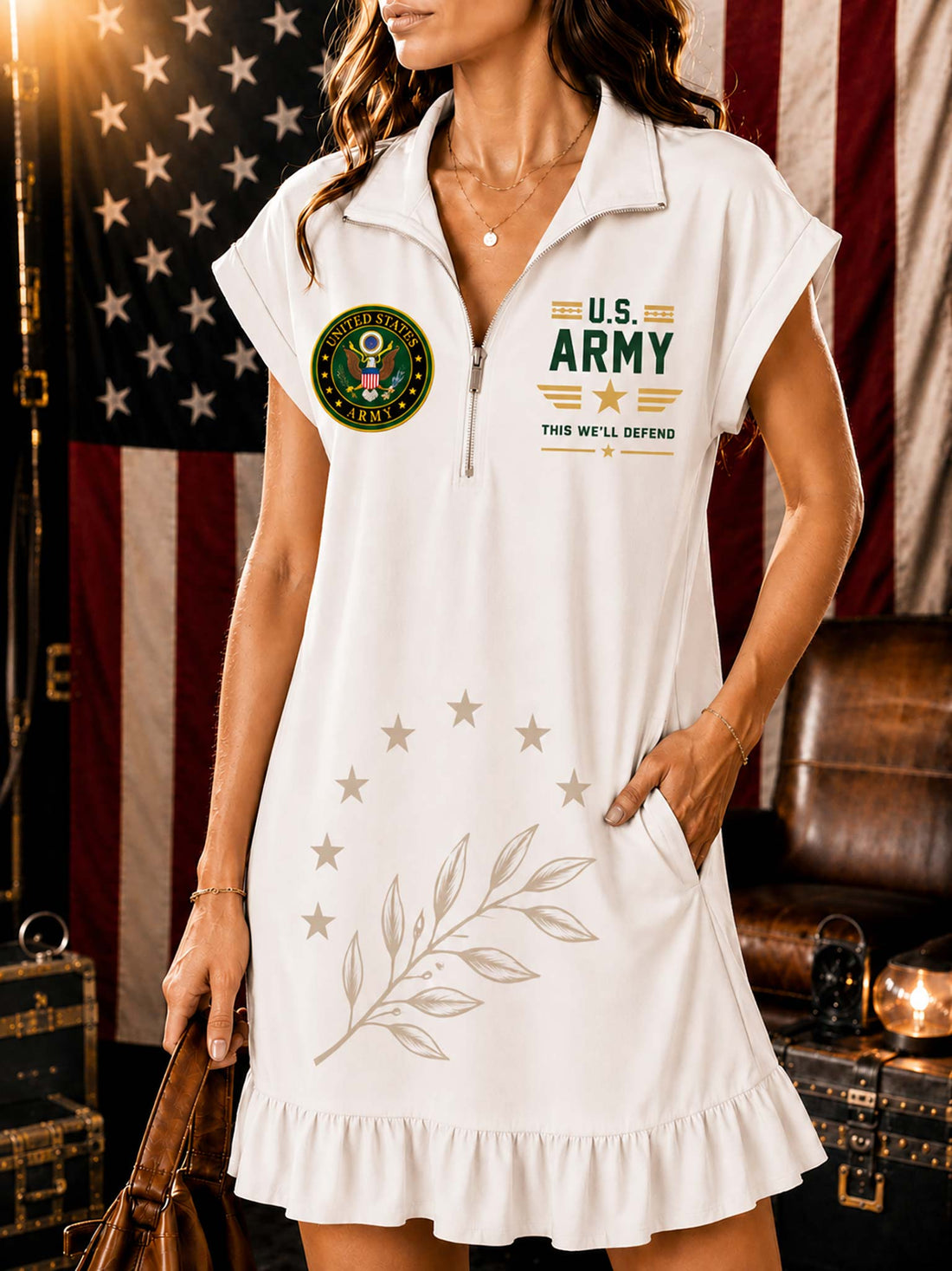 A woman models a white short-sleeve collared dress with a zipper neckline, featuring 'U.S.