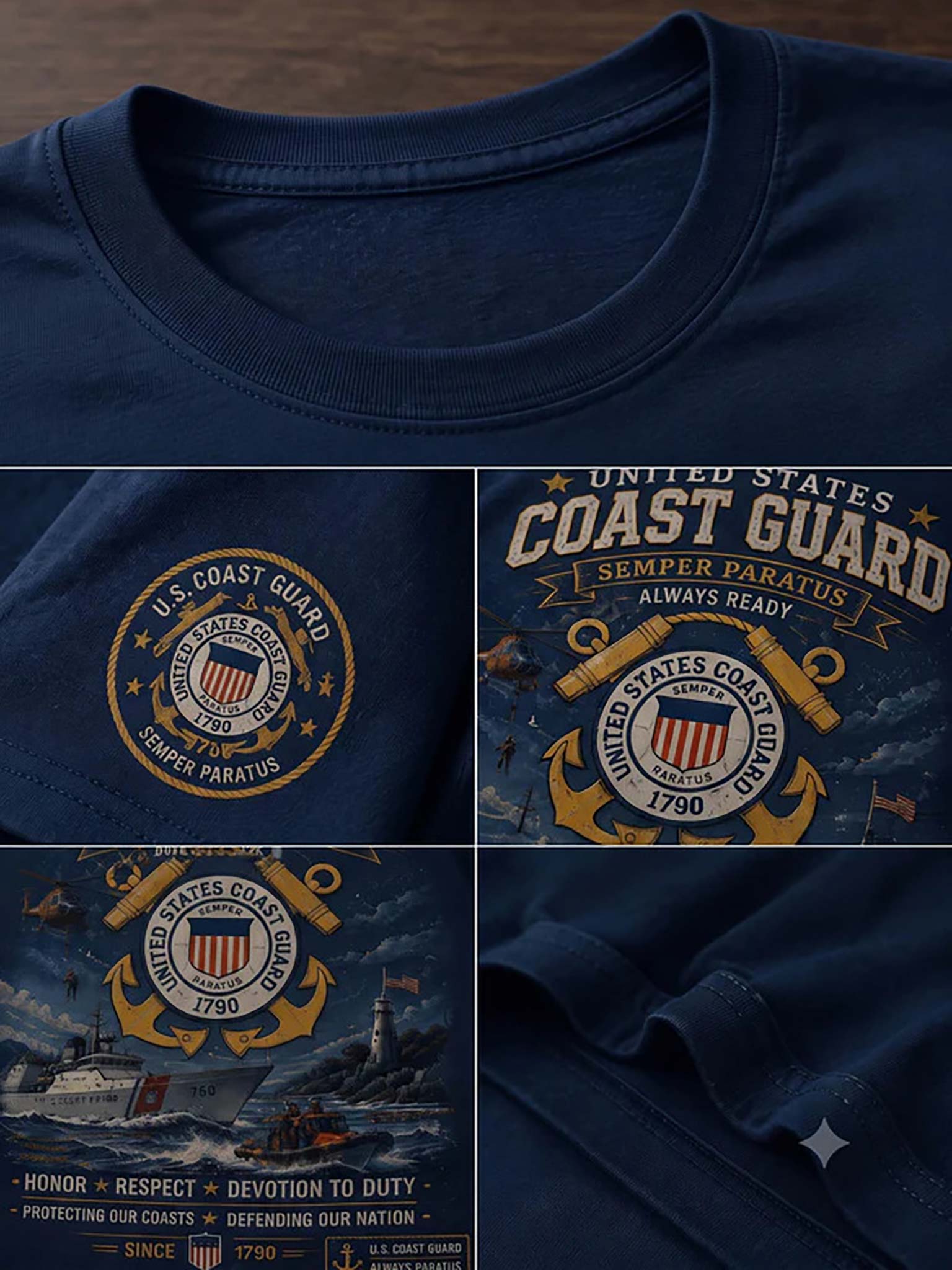 A navy blue short-sleeve crewneck t-shirt featuring a detailed United States Coast Guard graphic print. The collage-style layout shows the shirt's collar, a close-up of the circular U.