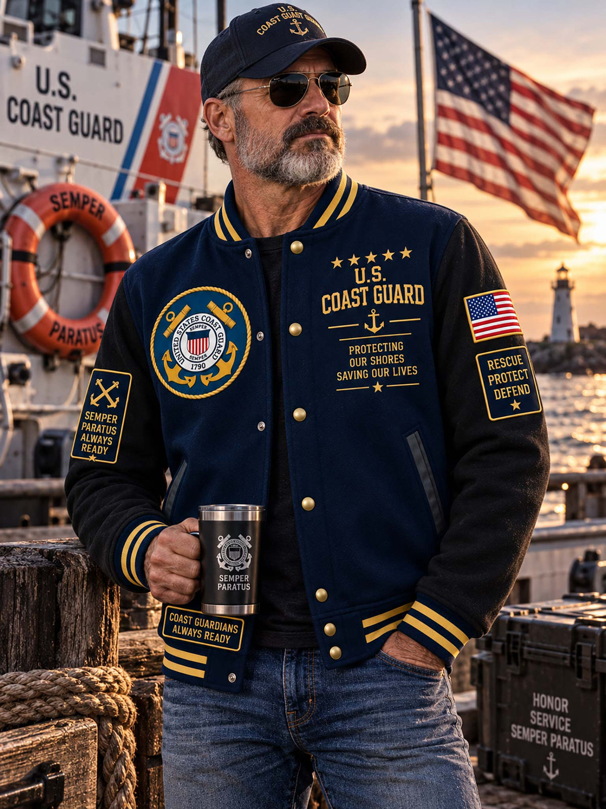 A man wearing a navy and black varsity jacket with U.S.