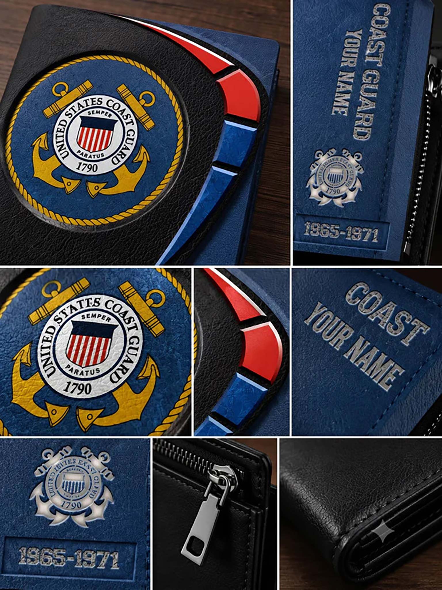 A detailed product feature infographic showing a close-up of a Star Trek-themed wallet. The image contains five labeled panels highlighting the premium leather surface, durable zipper, precision stitching, sharp vibrant printing, and refined edge finish.