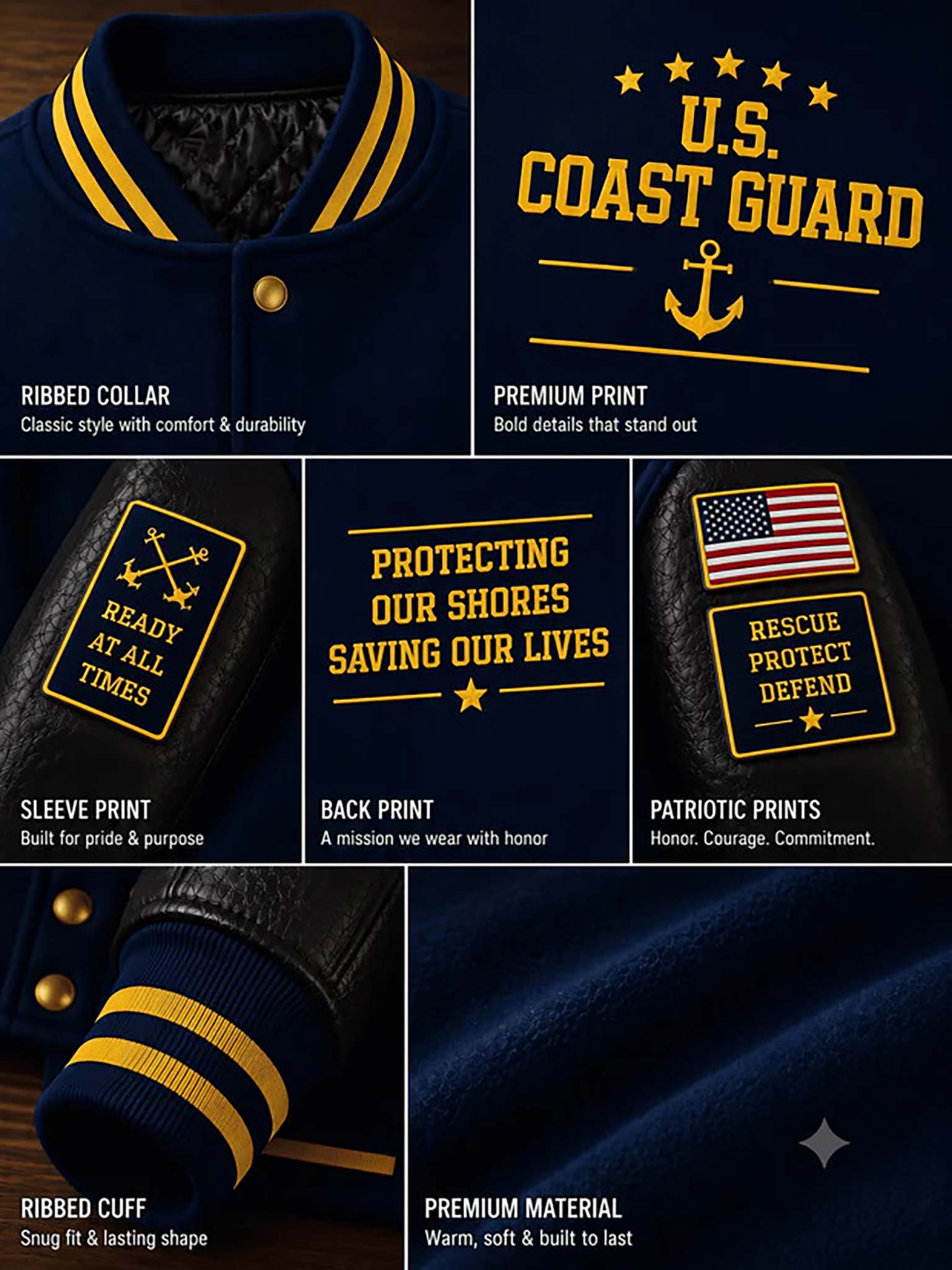 A six-panel product collage showing details of a navy blue fleece jacket with yellow accents. The panels highlight the ribbed collar, premium U.