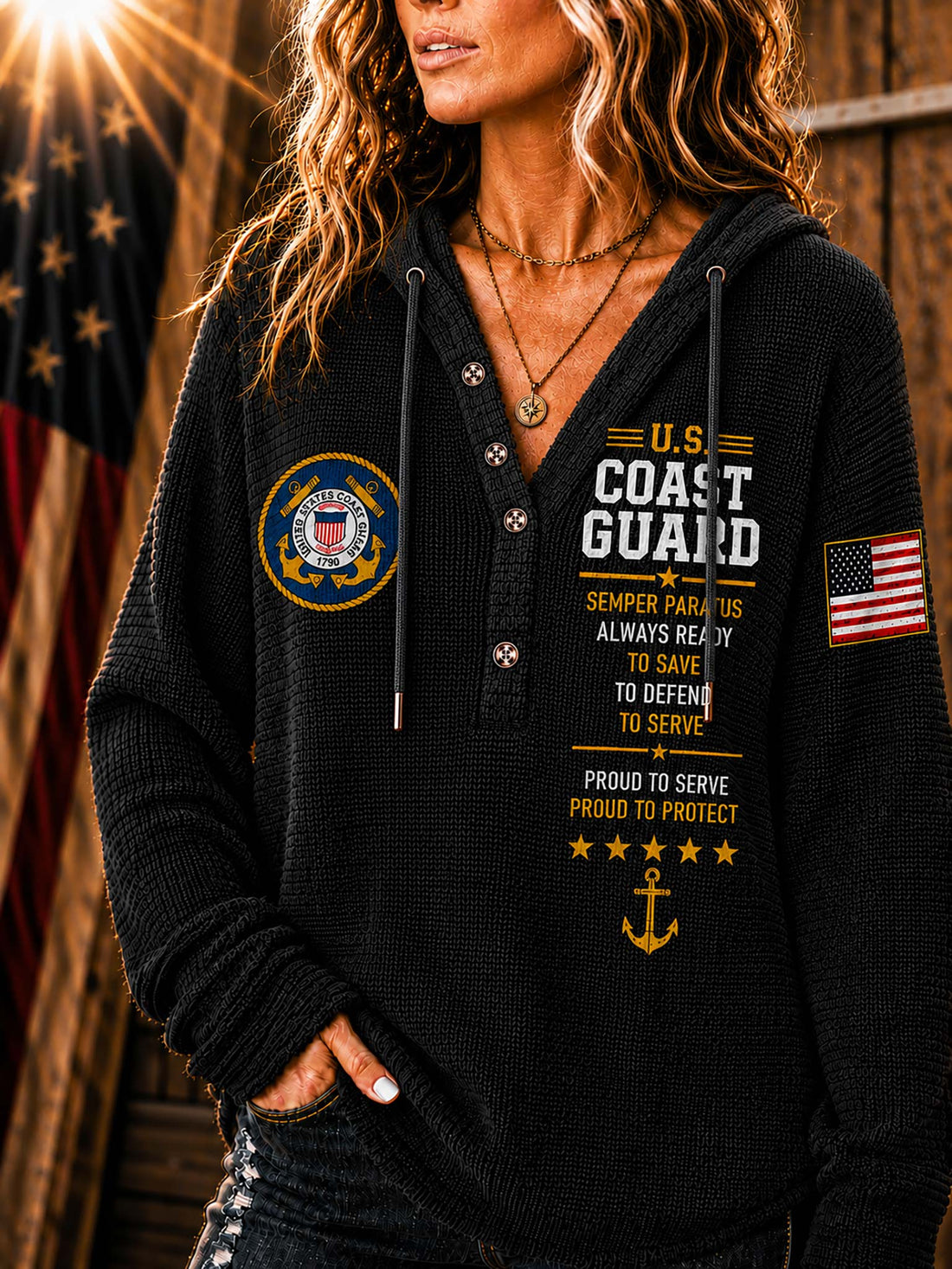 A woman wearing a beige waffle-knit hoodie with U.S.