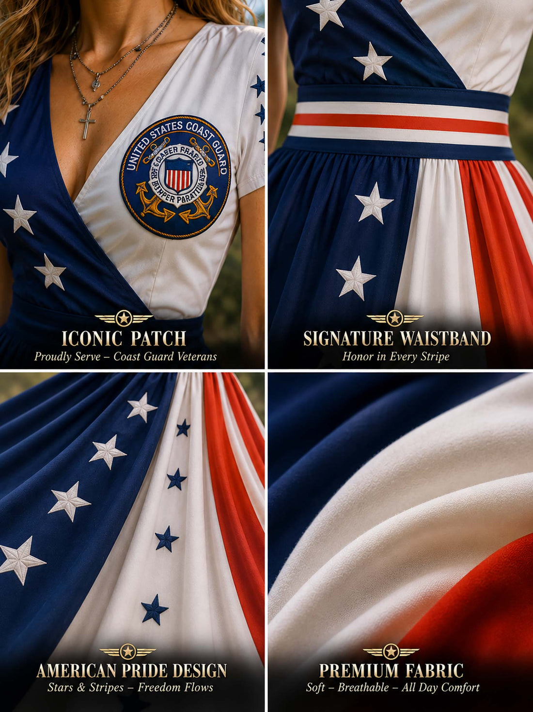 A woman wearing a high-low dress with an American flag theme stands on a mountain path. The dress features navy blue, white, and red stripes with white stars on a navy blue background.