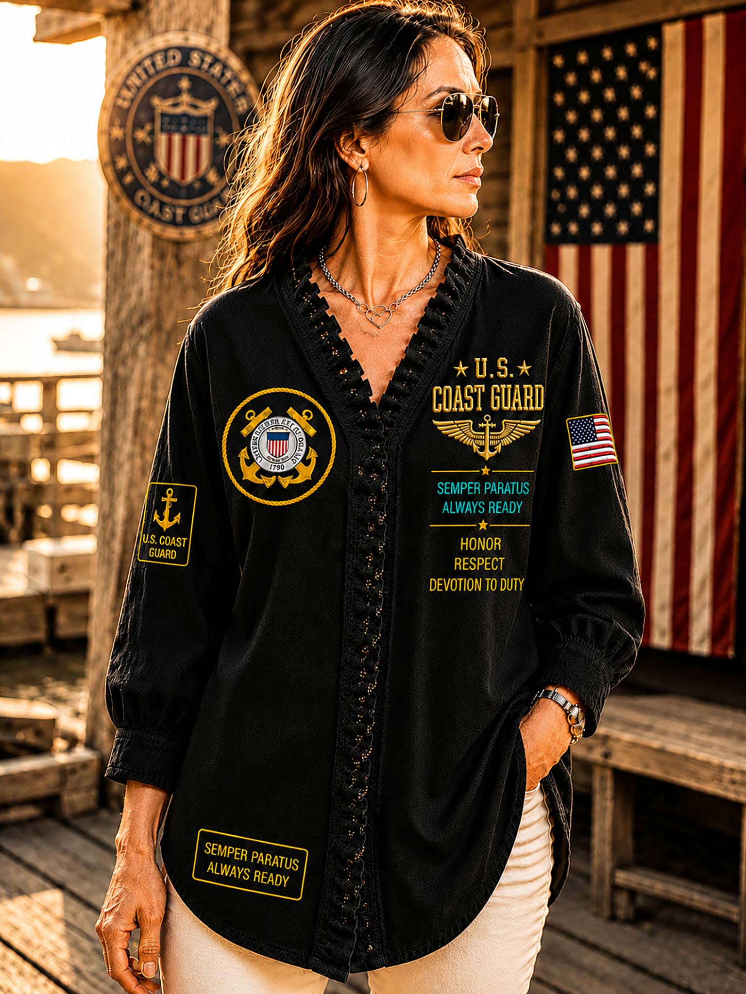 A woman wearing a black long-sleeve button-up shirt with U.S.