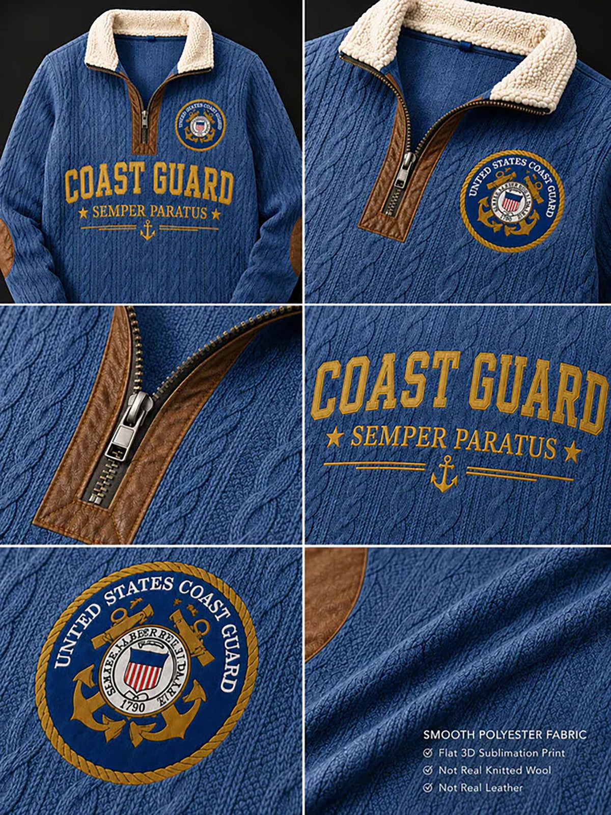 A blue textured knit quarter-zip pullover sweater shown in a six-panel collage. The sweater features a cream sherpa collar, brown faux-leather trim along the zipper, and a yellow 'COAST GUARD' graphic with 'SEMPER PARATUS' and an anchor emblem on the chest.
