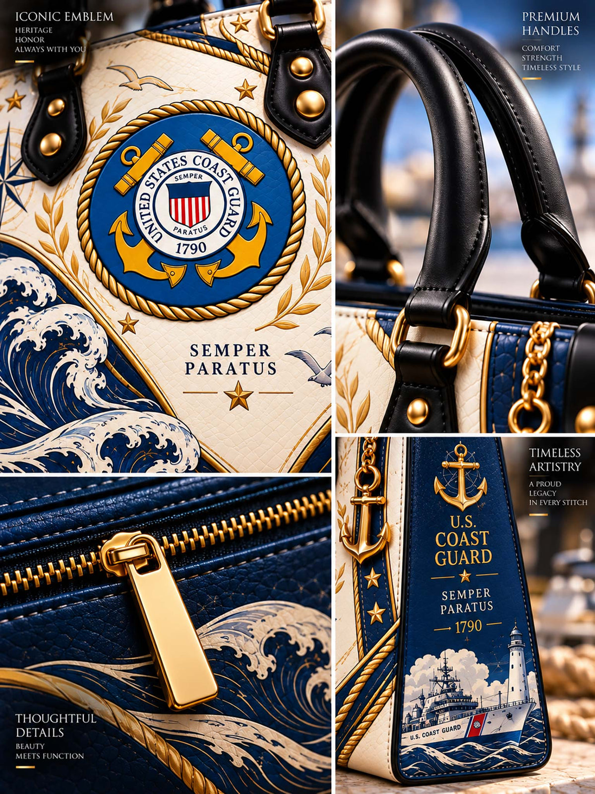 Coast Guard Heritage Elegance Leather Bag handle, zipper and printed details