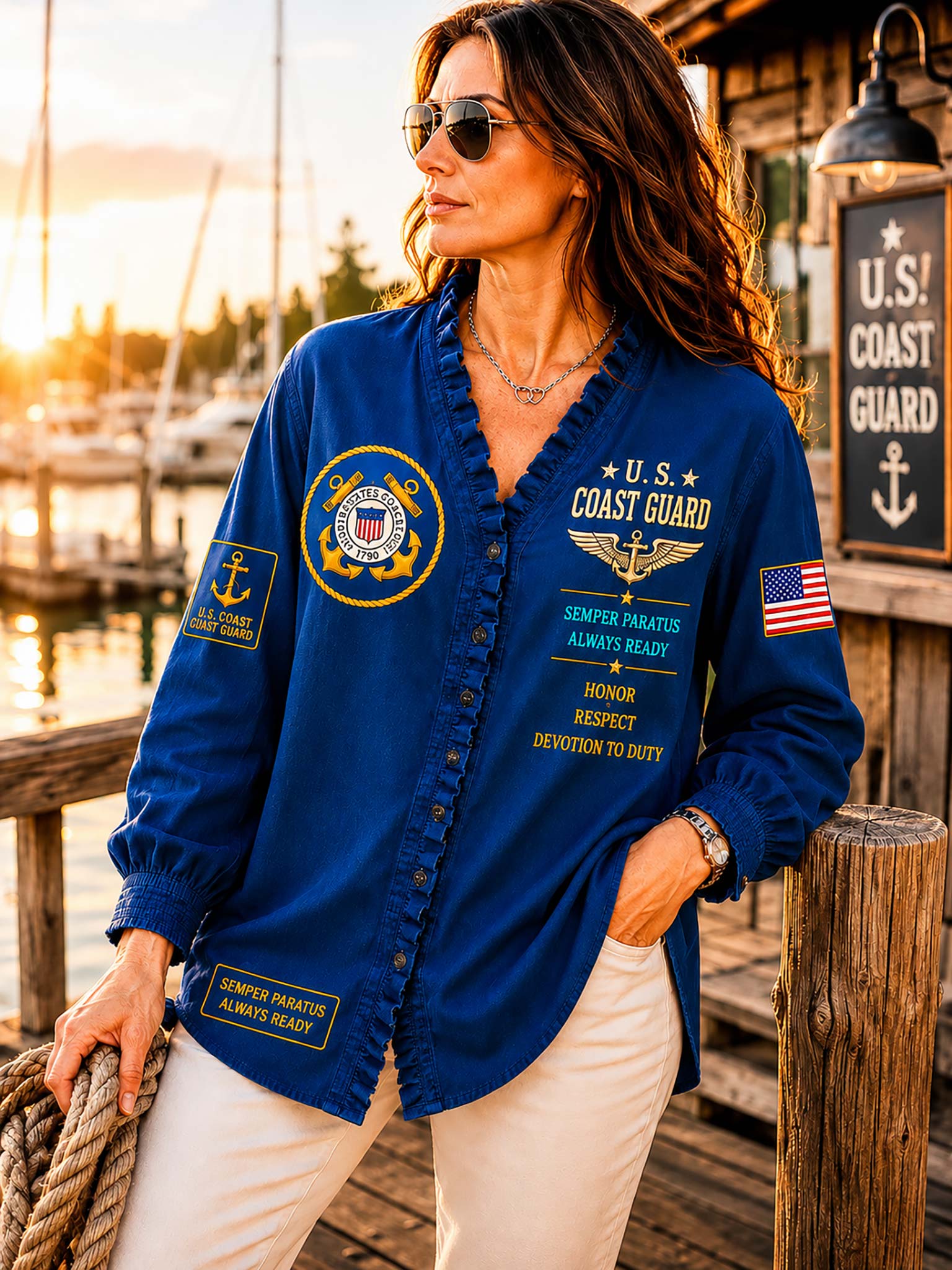 A woman wearing a royal blue U.S.