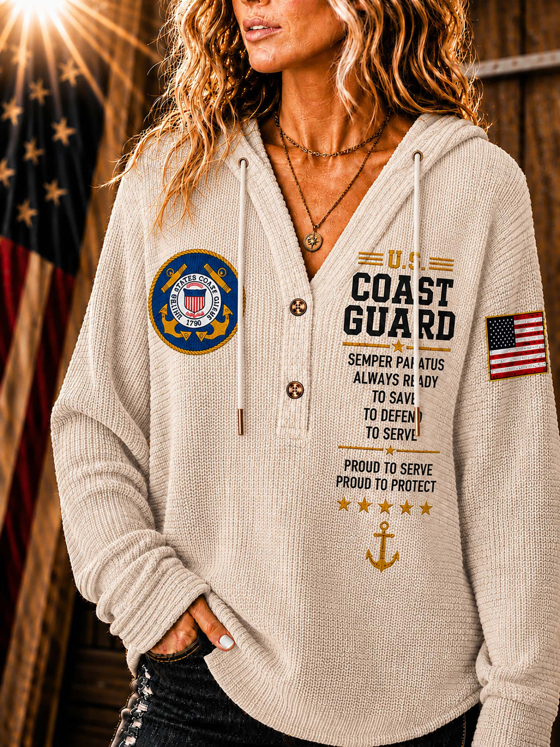 A woman wearing a beige waffle-knit hoodie with U.S.