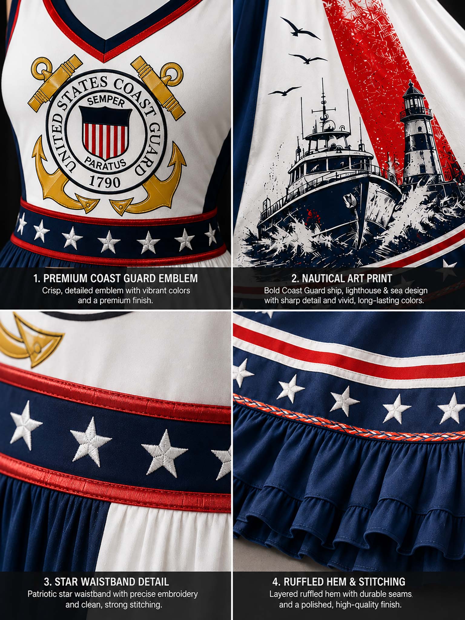 A four-panel close-up collage showing details of a United States Coast Guard themed garment, featuring a printed emblem, nautical art print, star waistband detail, and ruffled hem stitching.