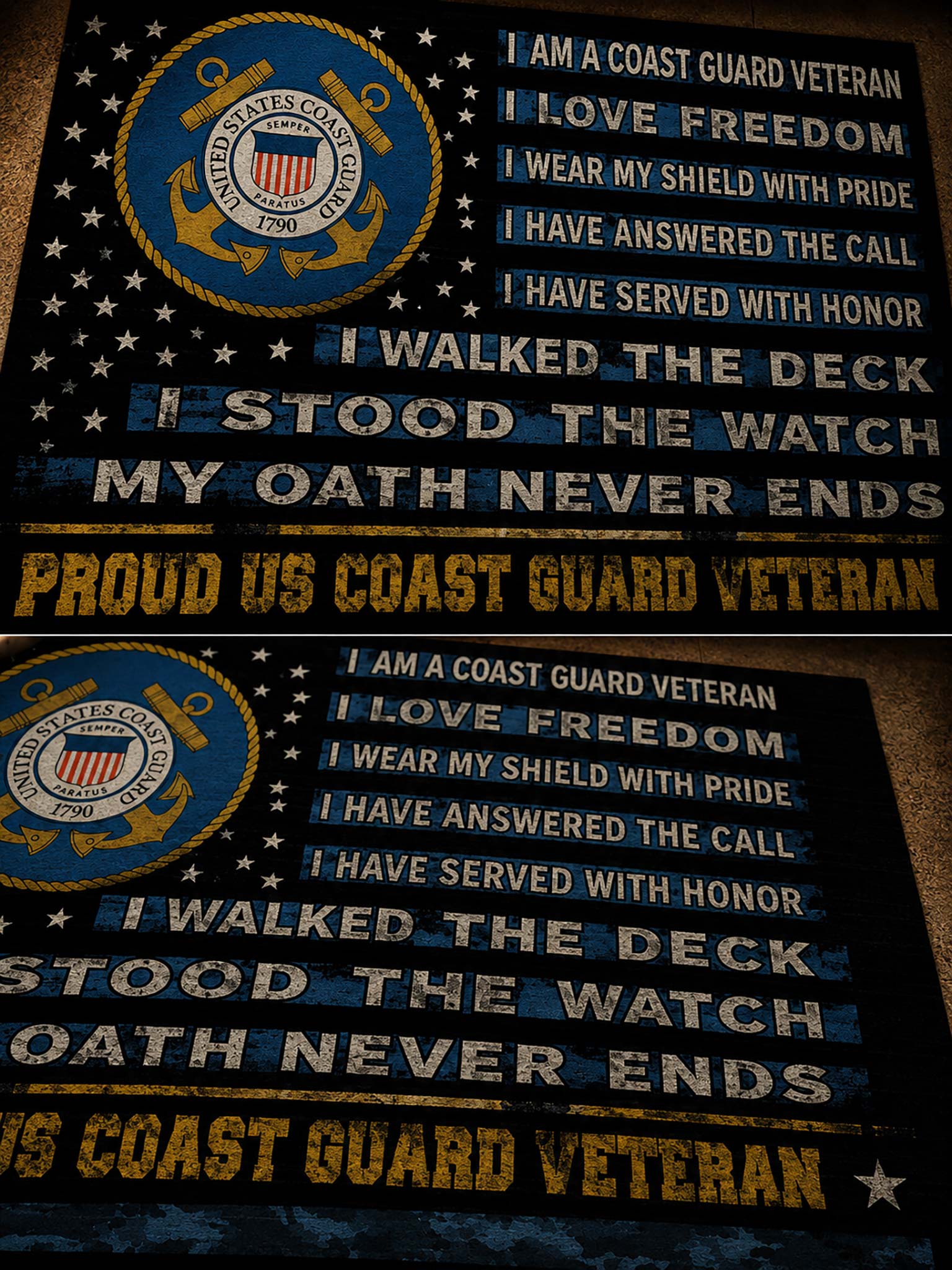 Two matching rectangular Coast Guard Veteran wall signs shown on a dark surface. Each sign features a blue and gold United States Coast Guard emblem, white and blue text, and distressed patriotic lettering including 'I AM A COAST GUARD VETERAN,' 'I LOVE FREEDOM,' 'I WEAR MY SHIELD WITH PRIDE,' 'I HAVE ANSWERED THE CALL,' 'I HAVE SERVED WITH HONOR,' 'I WALKED THE DECK,' 'I STOOD THE WATCH,' 'MY OATH NEVER ENDS,' and 'PROUD US COAST GUARD VETERAN.
