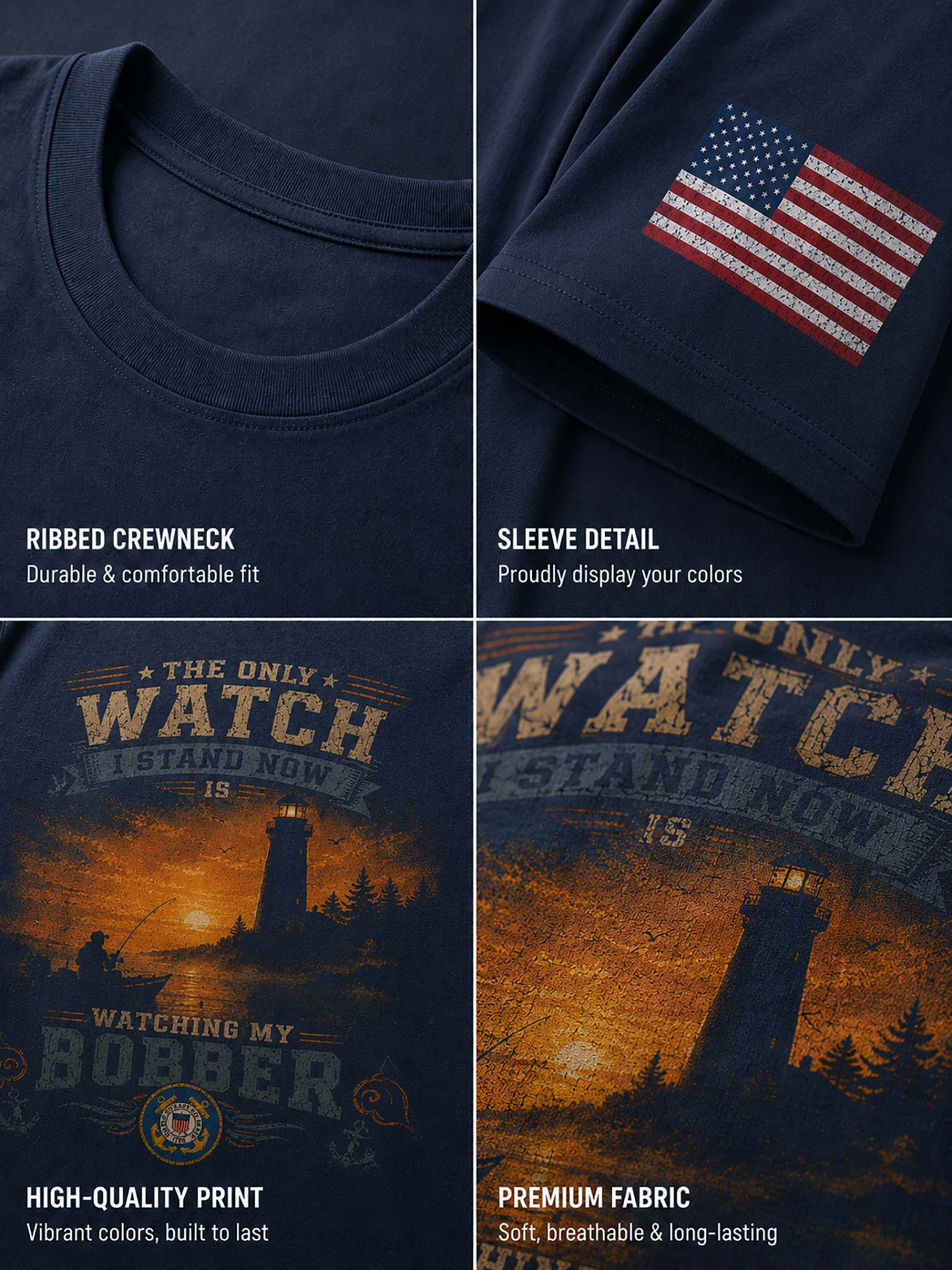 A four-panel close-up collage of a navy blue T-shirt, showing the ribbed crewneck, sleeve detail with a distressed American flag graphic, and the front print featuring a lighthouse scene and the words 'The Only Watch Island Now Is Watching Myubber.' Text overlays describe fit, print quality, and fabric.