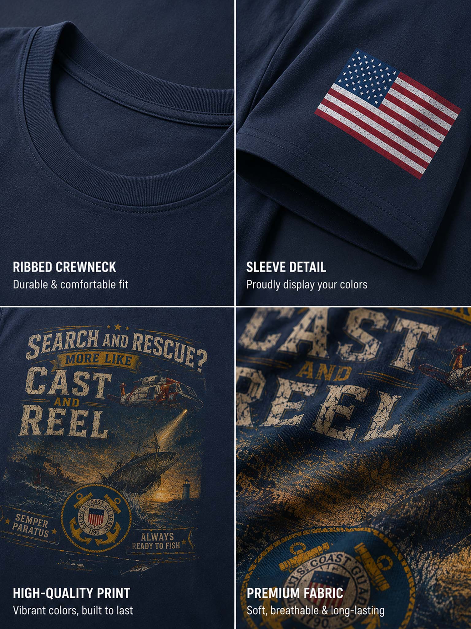 A four-panel product detail collage of a navy blue graphic T-shirt. The top-left panel shows the ribbed crewneck.
