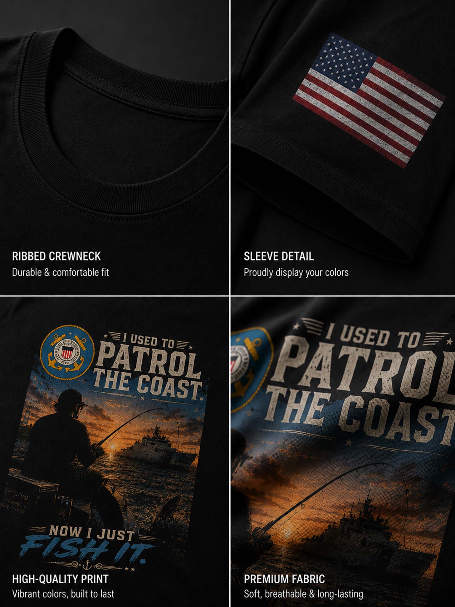 A four-panel product detail collage of a black graphic T-shirt. Top-left shows the ribbed crewneck; top-right shows a sleeve detail with an American flag graphic; bottom-left and bottom-right show the front print with the text 'I USED TO PATROL THE COAST.