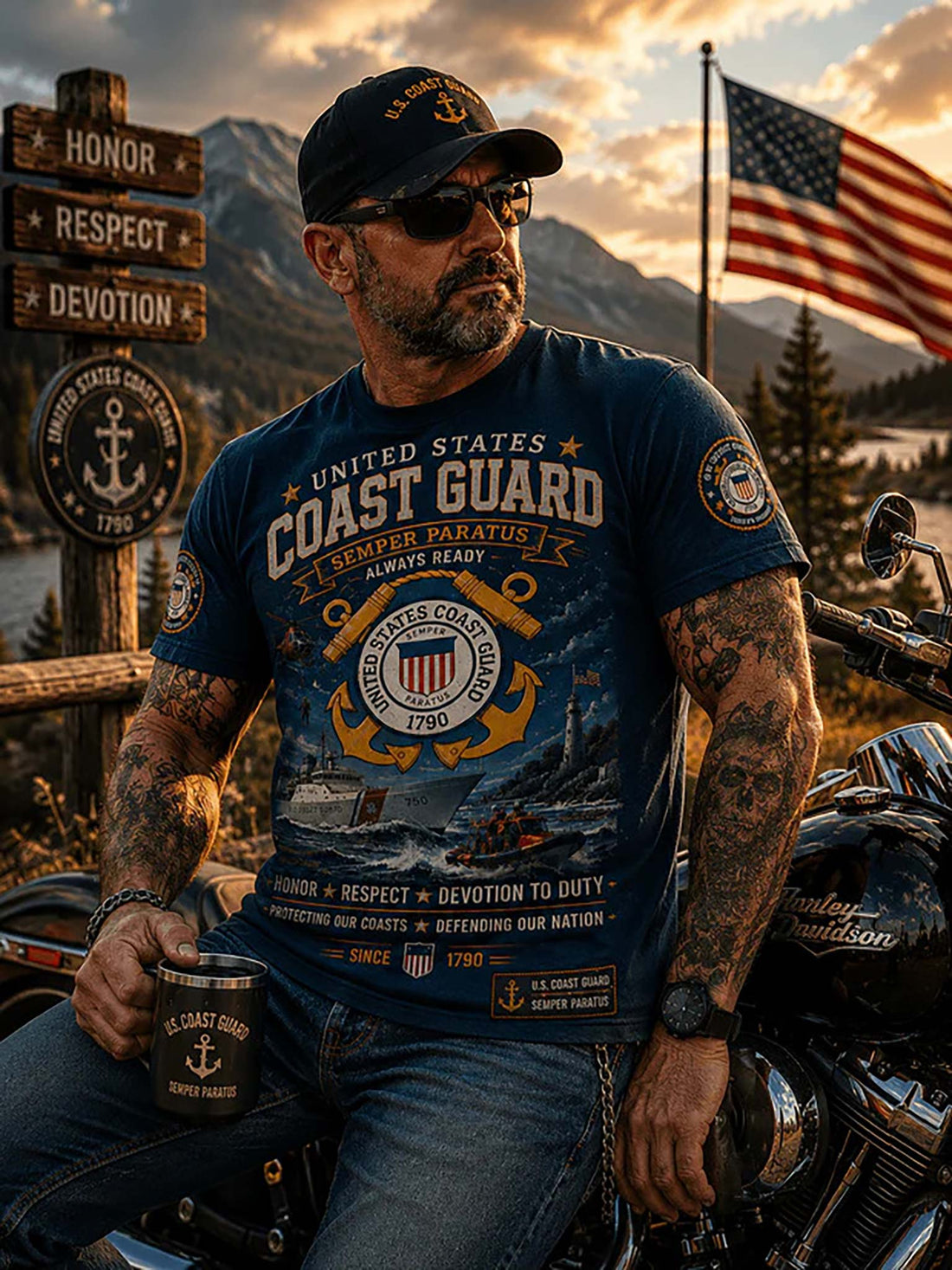 Coast Guard-themed t-shirt with graphics and text on a blue background