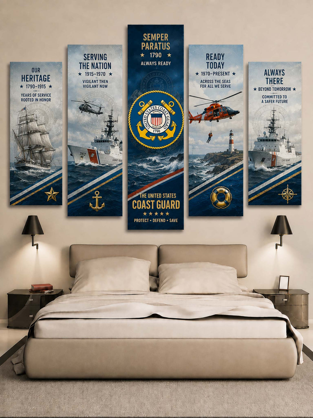 A 5-panel canvas wall art set depicting United States Coast Guard maritime history, displayed in a bedroom setting above a bed with neutral beige bedding and bedside tables.