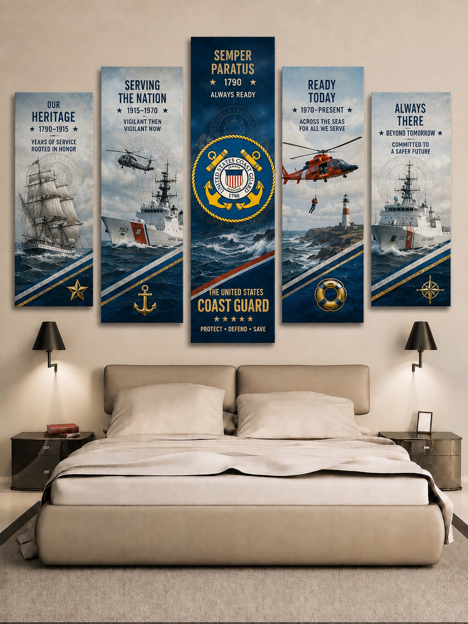A 5-panel canvas wall art set depicting United States Coast Guard maritime history, displayed in a bedroom setting above a bed with neutral beige bedding and bedside tables.