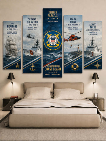 A 5-panel canvas wall art set depicting United States Coast Guard maritime history, displayed in a bedroom setting above a bed with neutral beige bedding and bedside tables.