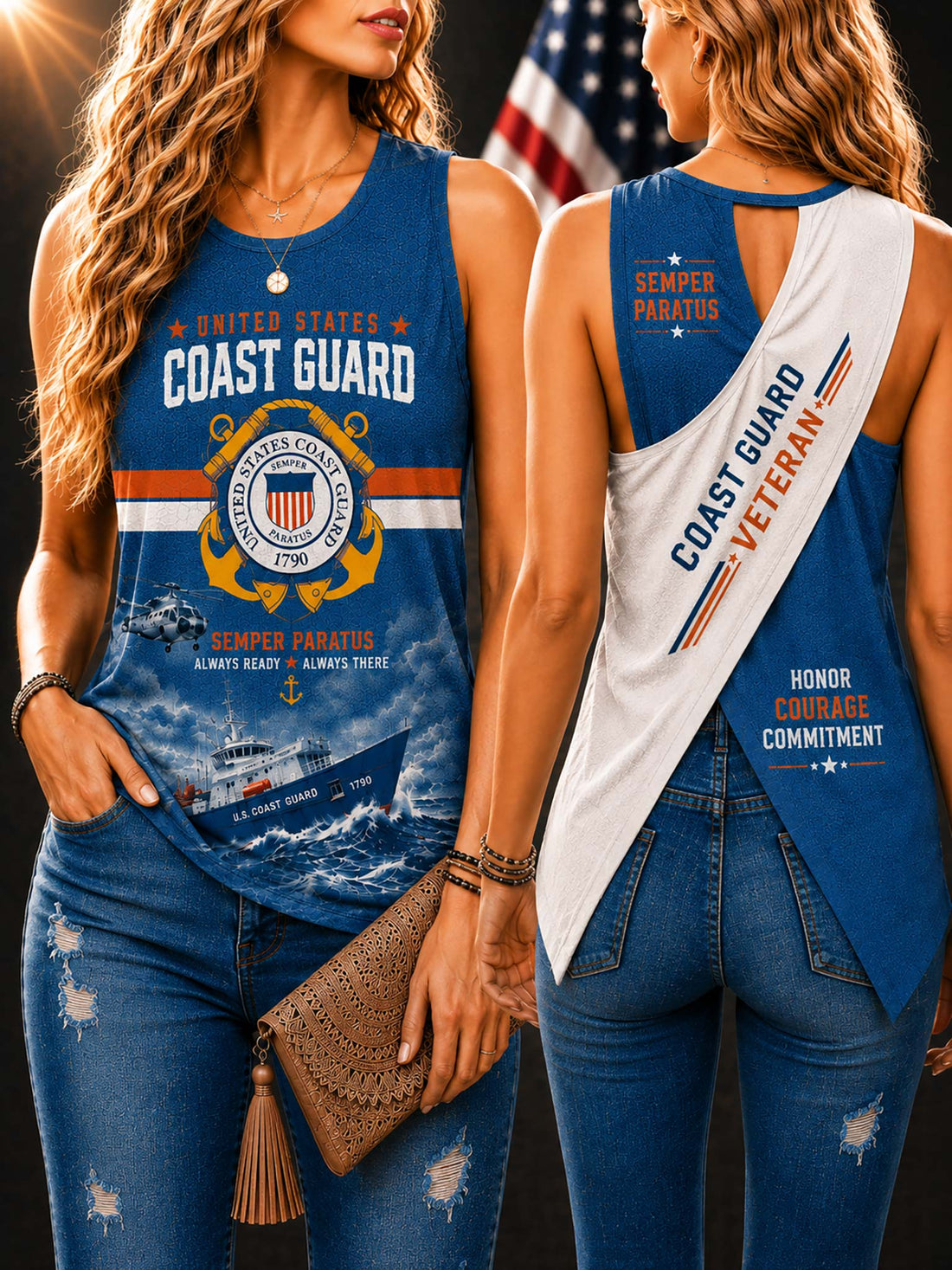 Two women modeling a blue sleeveless tank top with a United States Coast Guard graphic. One shows the front, featuring a large Coast Guard emblem, ship graphic, and text including 'Semper Paratus'.